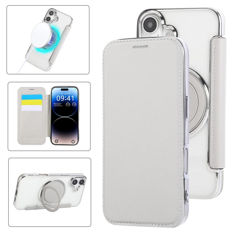 For iPhone 17 Ultra-thin Rotation Holder Magnetic Plating Vegan Leather Phone Case(Grayish White)