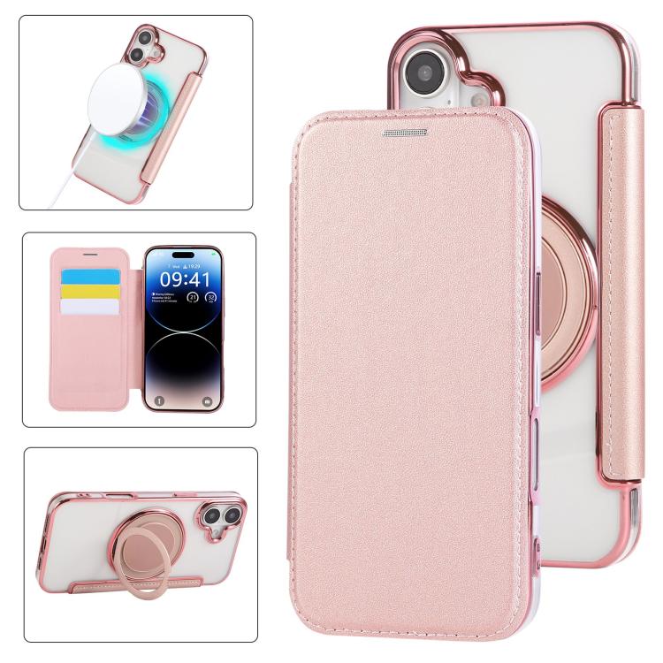 For iPhone 17 Ultra-thin Rotation Holder Magnetic Plating Vegan Leather Phone Case(Rose Gold)