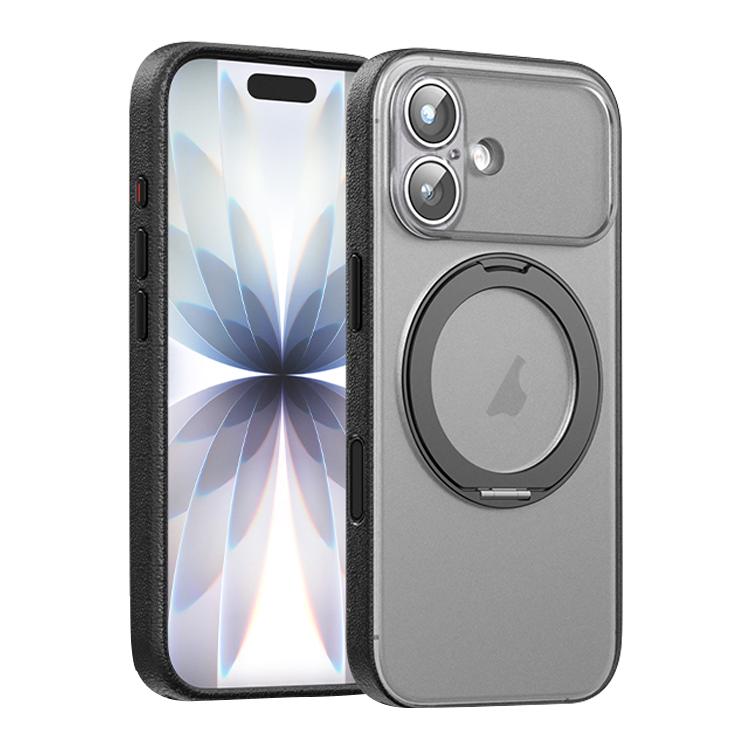 For iPhone 17 Vegan Leather Magnetic Phone Case with 360 Degrees Rotating Stand(Black)