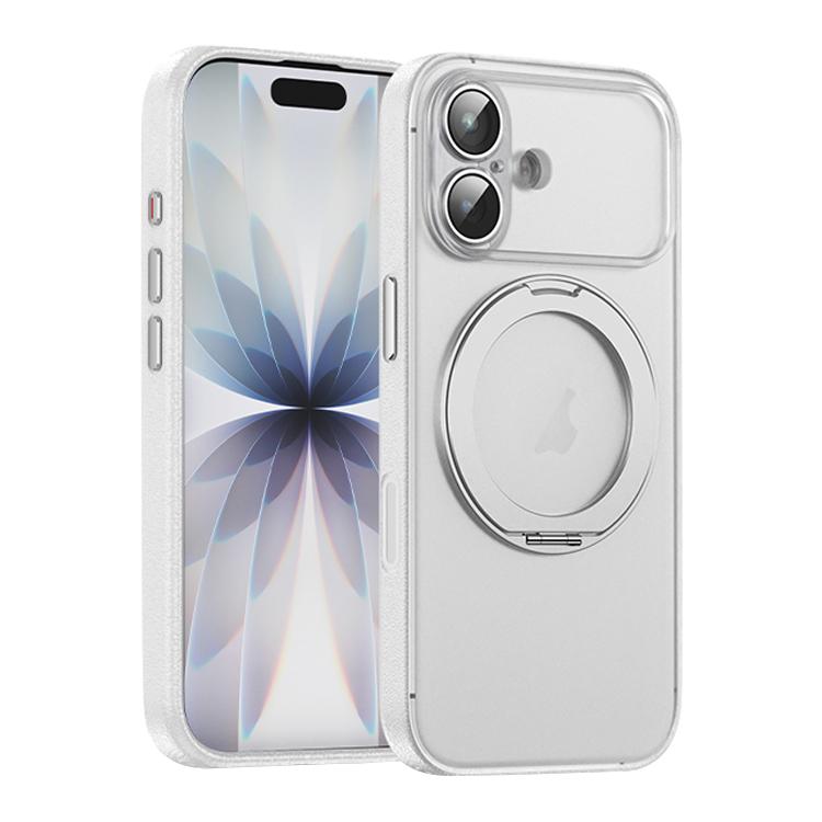 For iPhone 17 Vegan Leather Magnetic Phone Case with 360 Degrees Rotating Stand(Cedar White)