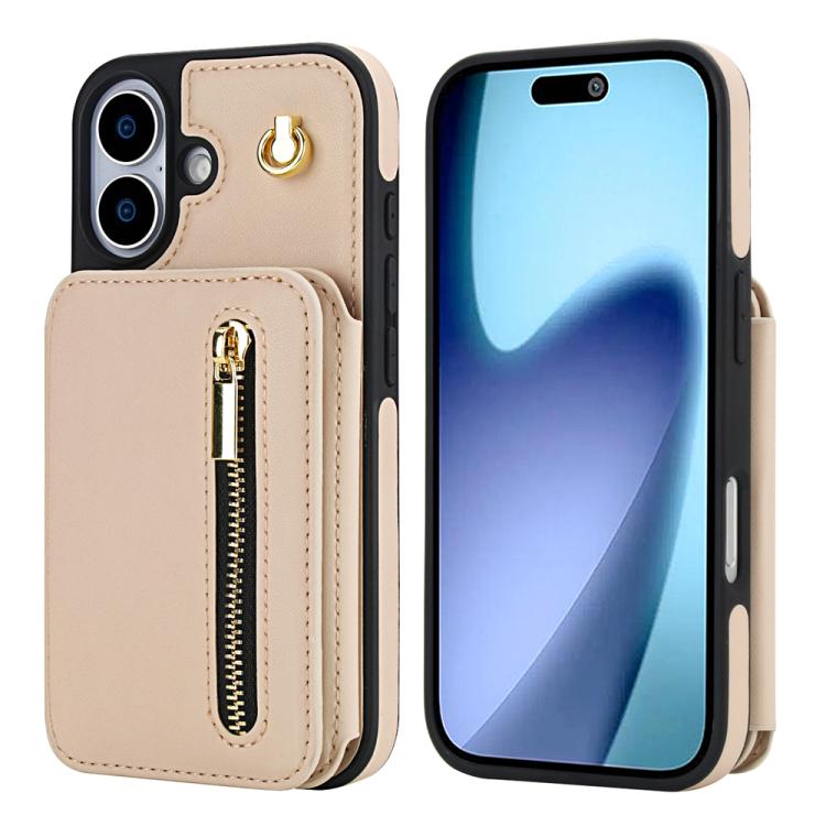For iPhone 17 YM006 Skin Feel Zipper Card Bag Phone Case with Dual Lanyard(Apricot)