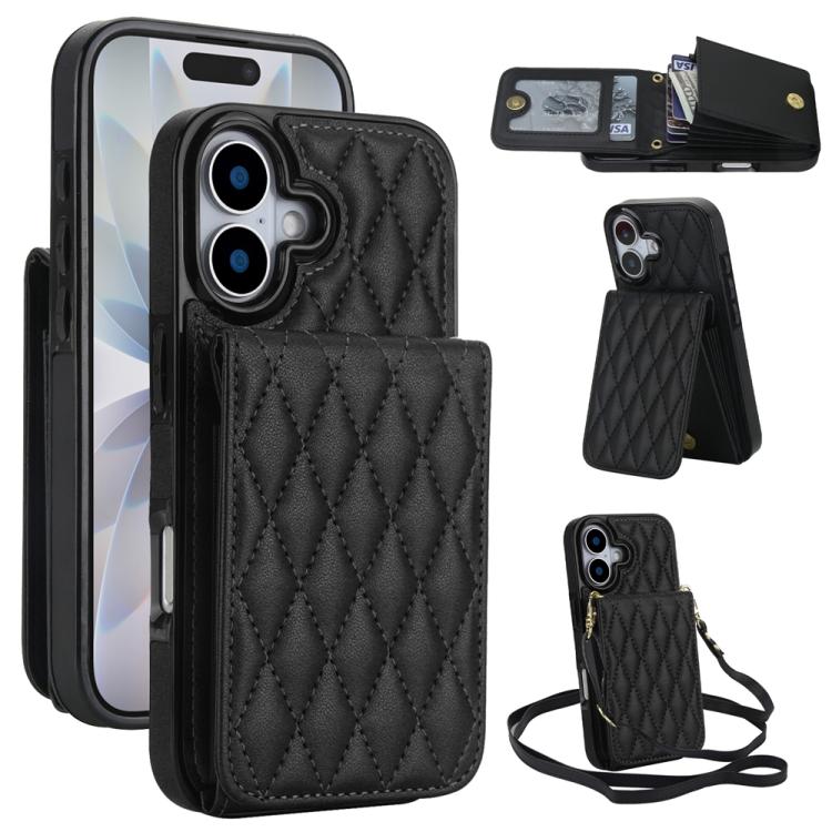 For iPhone 17 YM015 Crossbody Rhombic Card Bag RFID Phone Case(Black)