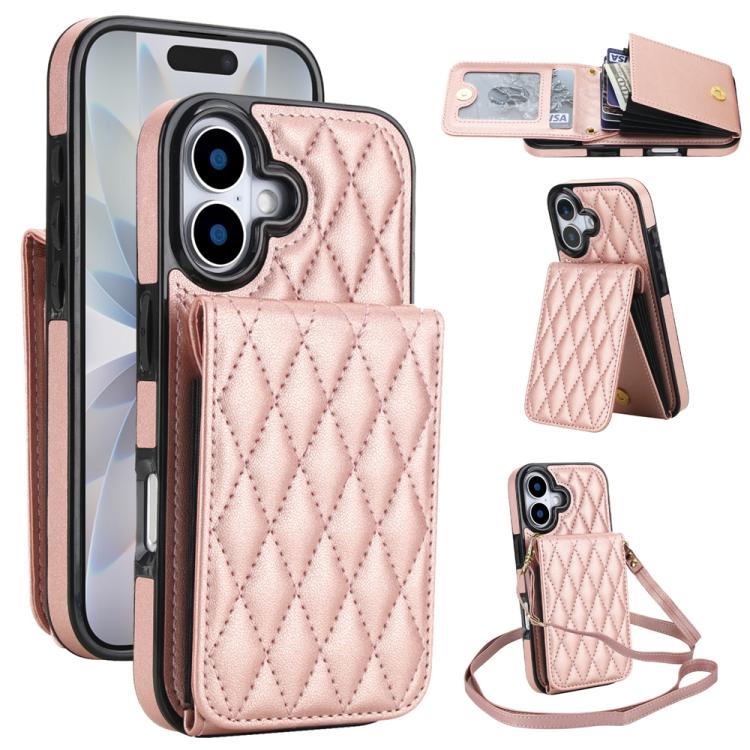 For iPhone 17 YM015 Crossbody Rhombic Card Bag RFID Phone Case(Rose Gold)