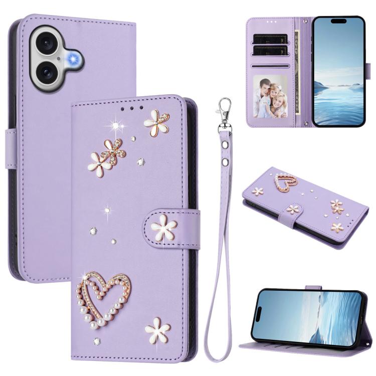 For iPhone 17 ZS01 Double-Layer Heart Floral Vegan Leather Phone Case with Wrist Strap(Light Purple)