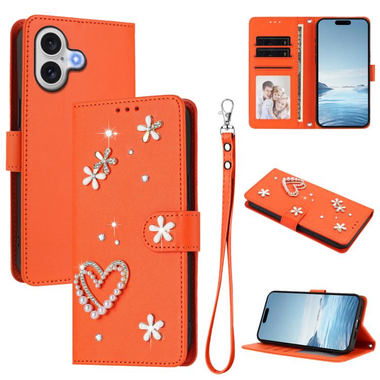 For iPhone 17 ZS01 Double-Layer Heart Floral Vegan Leather Phone Case with Wrist Strap(Orange)