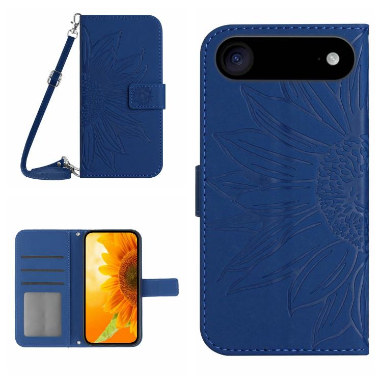 For iPhone Air Skin Feel Sun Flower Embossed Flip Leather Phone Case with Lanyard(Dark Blue)
