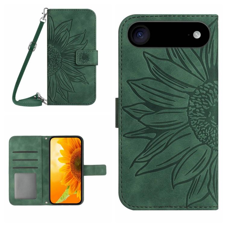 For iPhone Air Skin Feel Sun Flower Embossed Flip Leather Phone Case with Lanyard(Green)