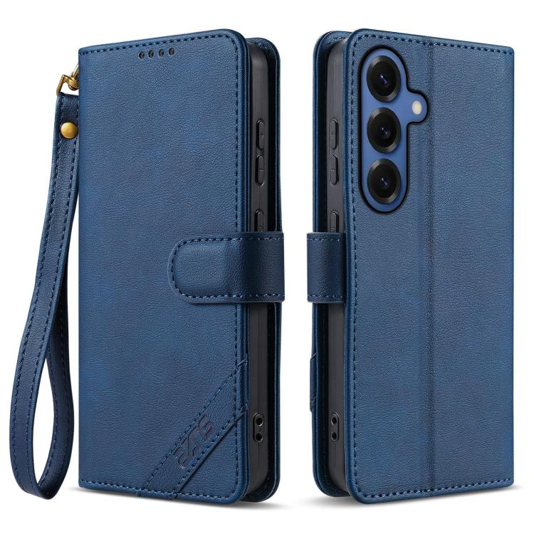 For Samsung Galaxy S26 5G AZNS A2 Series Tri-Card Wallet RFID Vegan Leather Phone Case with Strap(Blue)
