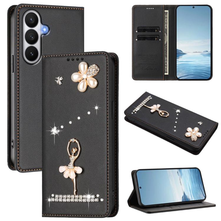 For Samsung Galaxy S26 5G Ballet Girl Diamond Studded RFID Vegan Leather Phone Case(Black)