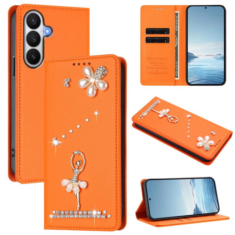 For Samsung Galaxy S26 5G Ballet Girl Diamond Studded RFID Vegan Leather Phone Case(Orange)