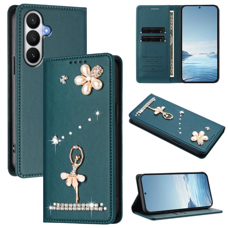 For Samsung Galaxy S26 5G Ballet Girl Diamond Studded RFID Vegan Leather Phone Case(Peacock Green)