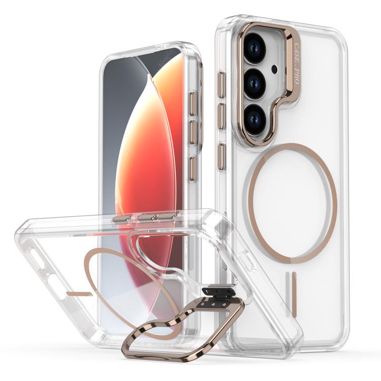 For Samsung Galaxy S26 5G Bright Color Clear MagSafe Lens Frame Holder Phone Case(Gold)