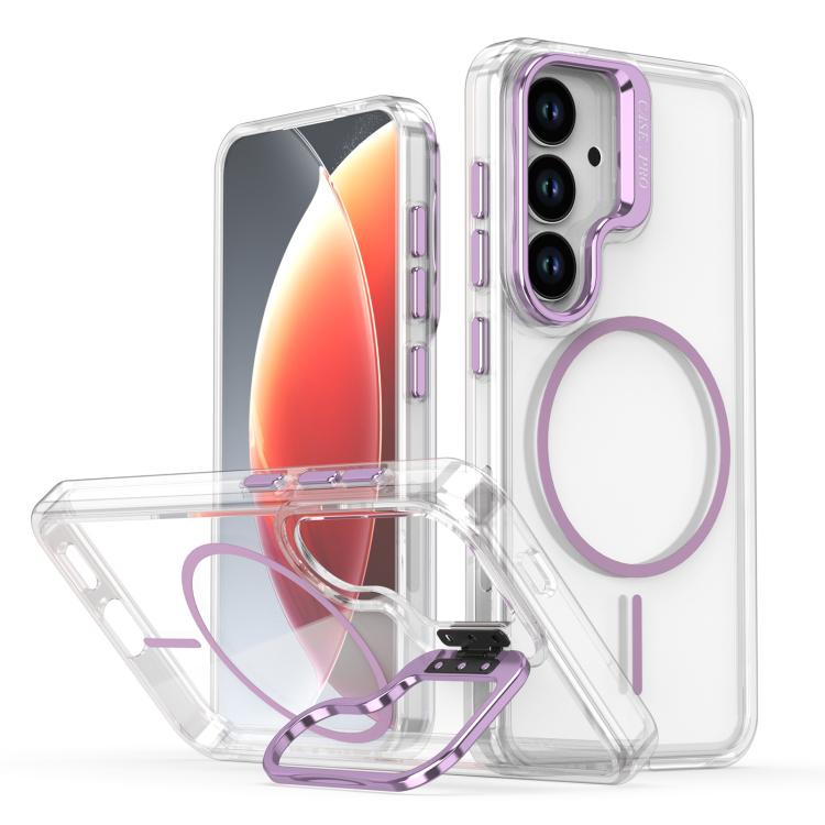 For Samsung Galaxy S26 5G Bright Color Clear MagSafe Lens Frame Holder Phone Case(Purple)