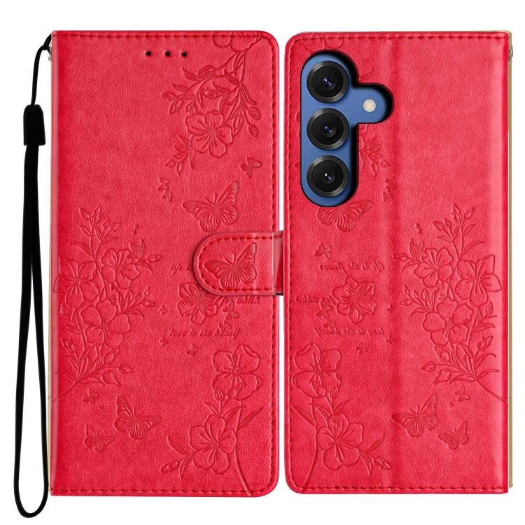 For Samsung Galaxy S26 5G Butterflies and Flowers Leather Phone Case(Red)