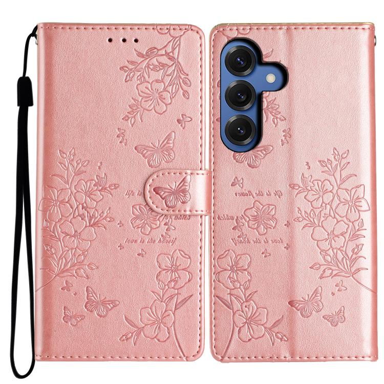 For Samsung Galaxy S26 5G Butterflies and Flowers Leather Phone Case(Rose Gold)