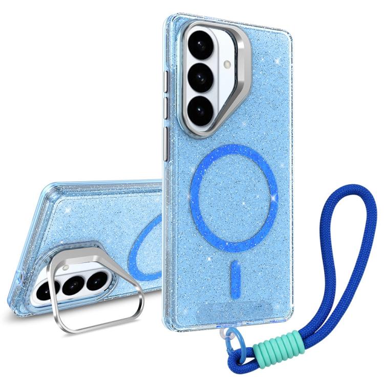 For Samsung Galaxy S26 5G Camera Bracket Glitter Magnetic Phone Case with Lanyard(Blue)