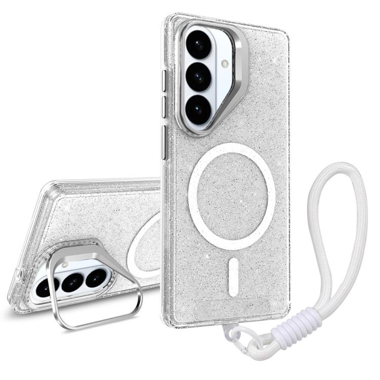 For Samsung Galaxy S26 5G Camera Bracket Glitter Magnetic Phone Case with Lanyard(White)