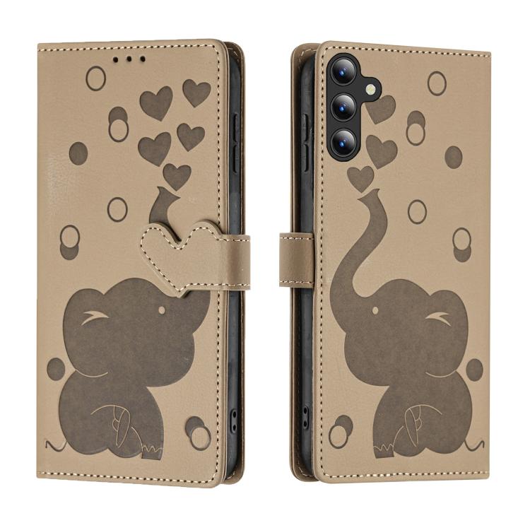 For Samsung Galaxy S26 5G Cartoon Elephant Embossed Leather Phone Case(Khaki)
