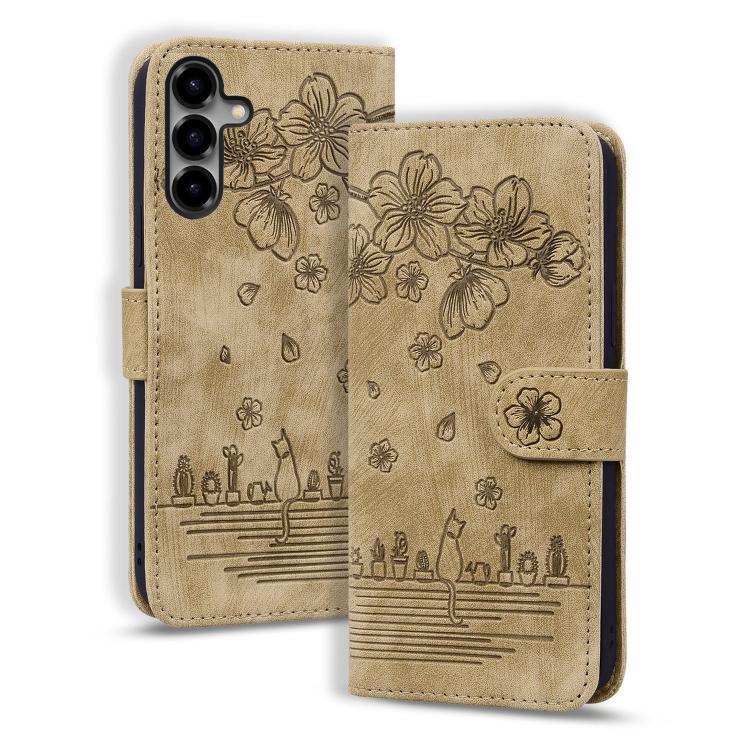 For Samsung Galaxy S26 5G Cartoon Sakura Cat Embossed Leather Phone Case(Brown)