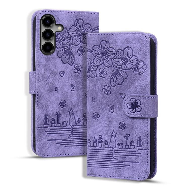 For Samsung Galaxy S26 5G Cartoon Sakura Cat Embossed Leather Phone Case(Purple)