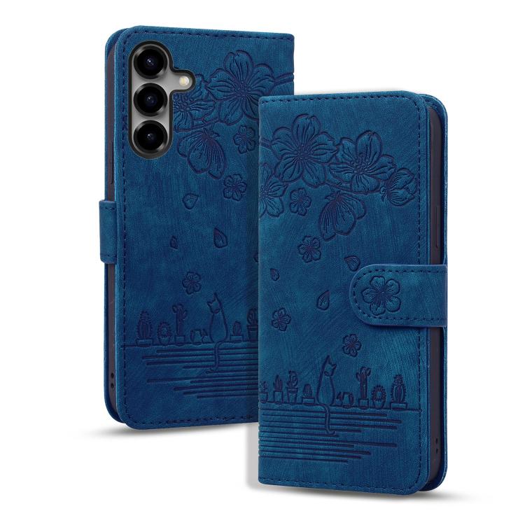 For Samsung Galaxy S26 5G Cartoon Sakura Cat Embossed Leather Phone Case(Royal Blue)