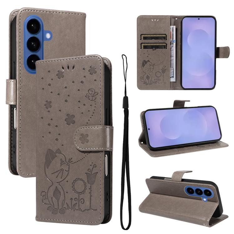 For Samsung Galaxy S26 5G Cat and Bee Embossed Flip Leather Phone Case(Grey)