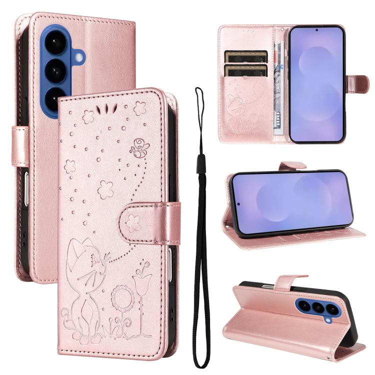 For Samsung Galaxy S26 5G Cat and Bee Embossed Flip Leather Phone Case(Rose Gold)