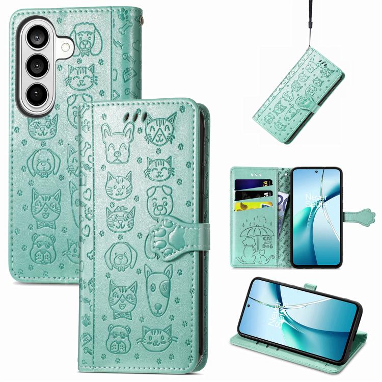 For Samsung Galaxy S26 5G Cat and Dog Embossed Leather Phone Case(Green)