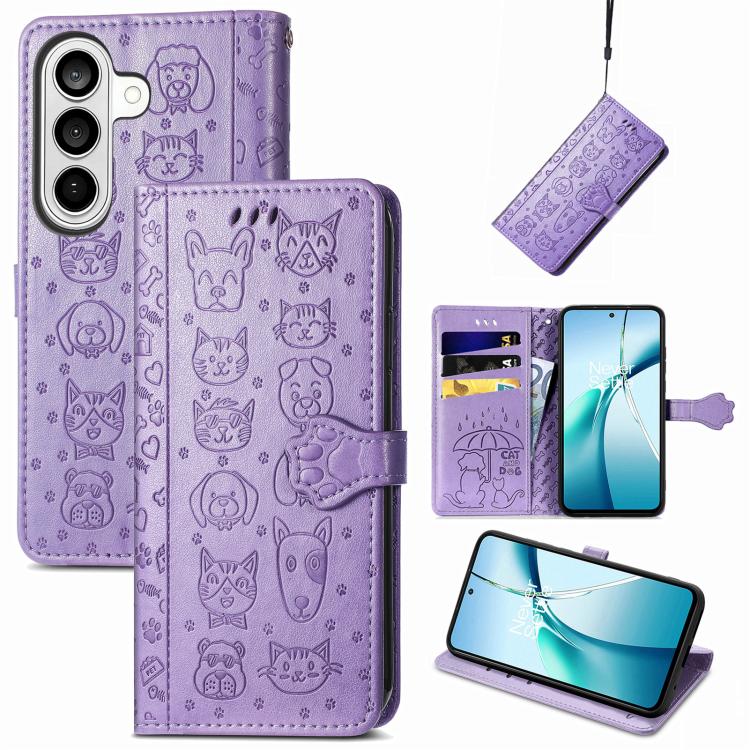 For Samsung Galaxy S26 5G Cat and Dog Embossed Leather Phone Case(Purple)