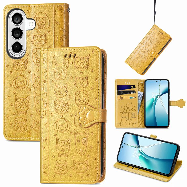 For Samsung Galaxy S26 5G Cat and Dog Embossed Leather Phone Case(Yellow)