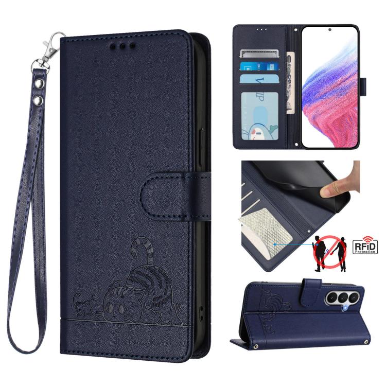 For Samsung Galaxy S26 5G Cat Rat Embossed Pattern RFID Leather Phone Case with Lanyard(Blue)