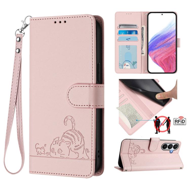 For Samsung Galaxy S26 5G Cat Rat Embossed Pattern RFID Leather Phone Case with Lanyard(Pink)