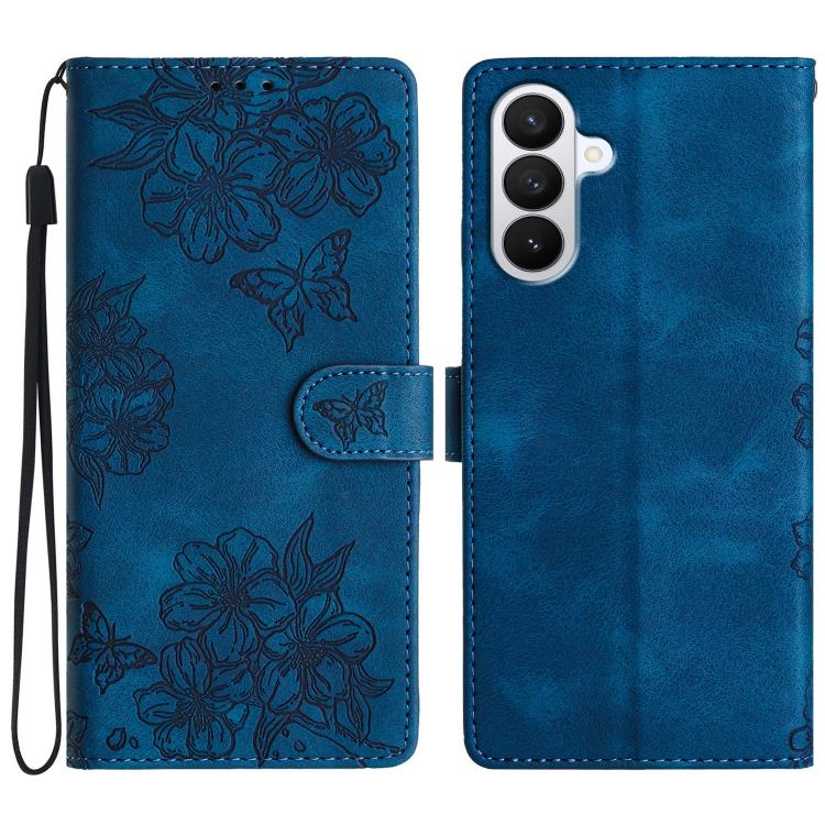 For Samsung Galaxy S26 5G Cherry Blossom Butterfly Skin Feel Embossed PU Phone Case(Blue)