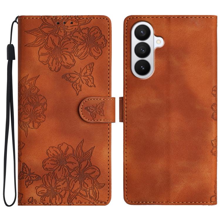 For Samsung Galaxy S26 5G Cherry Blossom Butterfly Skin Feel Embossed PU Phone Case(Brown)