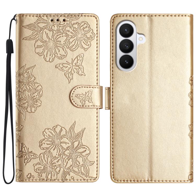For Samsung Galaxy S26 5G Cherry Blossom Butterfly Skin Feel Embossed PU Phone Case(Gold)