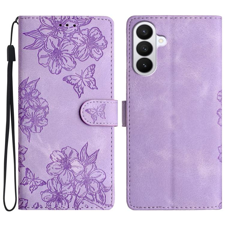 For Samsung Galaxy S26 5G Cherry Blossom Butterfly Skin Feel Embossed PU Phone Case(Purple)