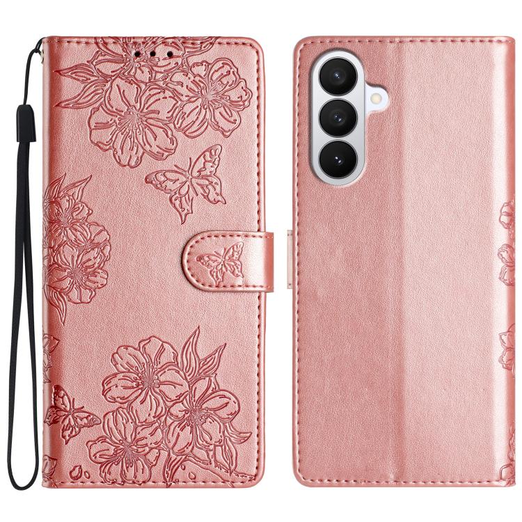 For Samsung Galaxy S26 5G Cherry Blossom Butterfly Skin Feel Embossed PU Phone Case(Rose Gold)