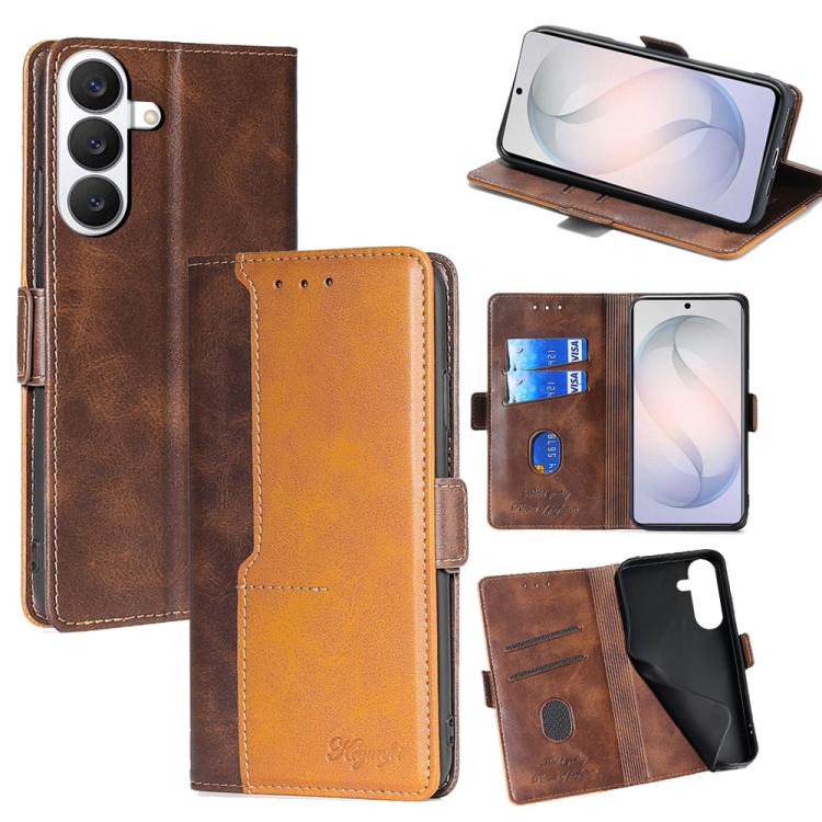 For Samsung Galaxy S26 5G Contrast Color Side Buckle Leather Phone Case(Dark Brown + Gold)