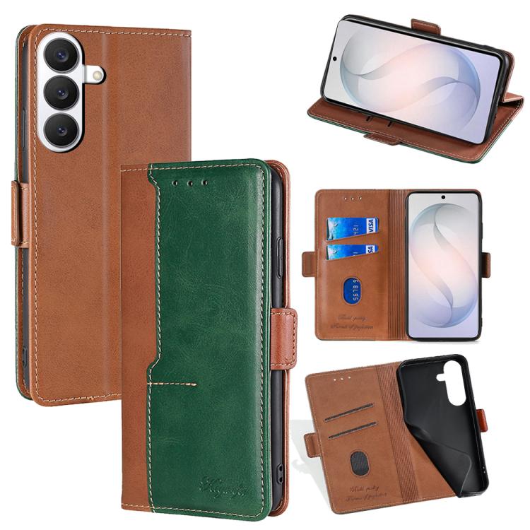 For Samsung Galaxy S26 5G Contrast Color Side Buckle Leather Phone Case(Light Brown + Green)