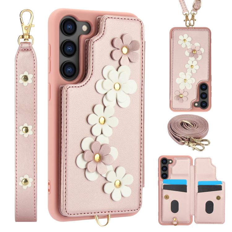 For Samsung Galaxy S26 5G Crossbody Flower Pattern Leather Phone Case(Rose Gold)