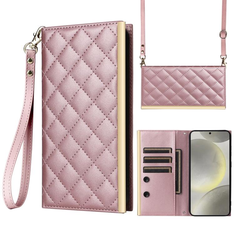 For Samsung Galaxy S26 5G Crossbody Rhombic Sucker Leather Phone Case(Rose Gold)
