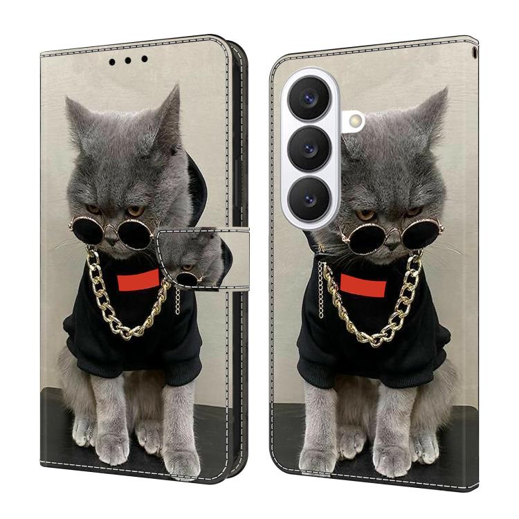 For Samsung Galaxy S26 5G Crystal-Like Painted Vegan Leather Phone Case(Glasses-Wearing Cat)