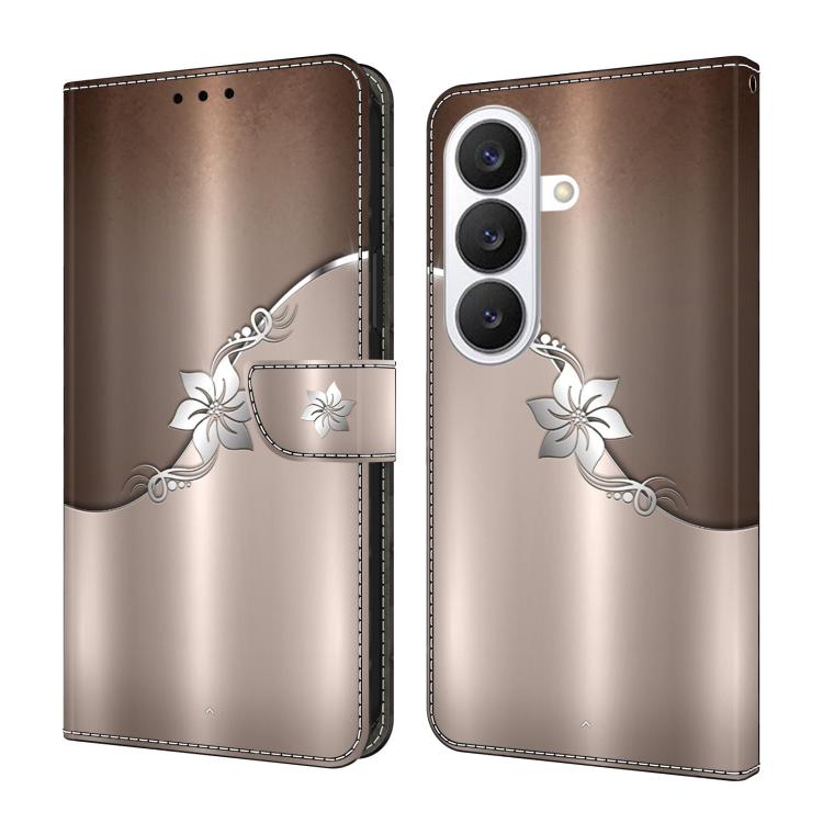 For Samsung Galaxy S26 5G Crystal-Like Painted Vegan Leather Phone Case(Silver Flowers)