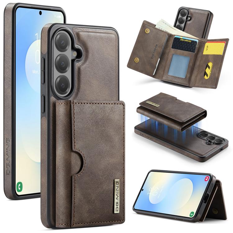 For Samsung Galaxy S26 5G DG.MING M6 Series RFID Tri-fold Card Bag Removable Leather Phone Case(Coffee)
