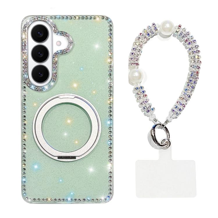 For Samsung Galaxy S26 5G Diamond IMD 360 Rotation Magnetic Metal Holder Phone Case with Strap(Glitter Light Green)