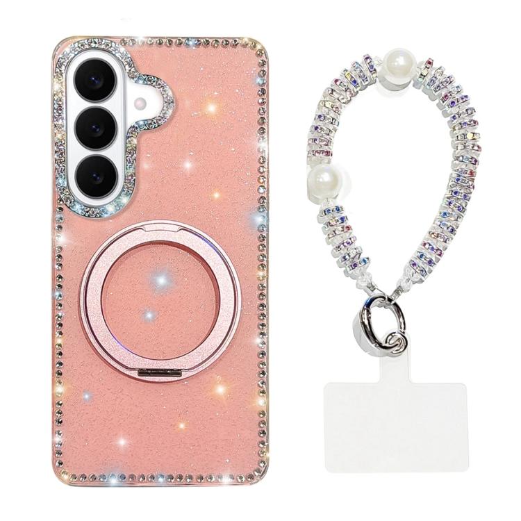 For Samsung Galaxy S26 5G Diamond IMD 360 Rotation Magnetic Metal Holder Phone Case with Strap(Glitter Light Pink)