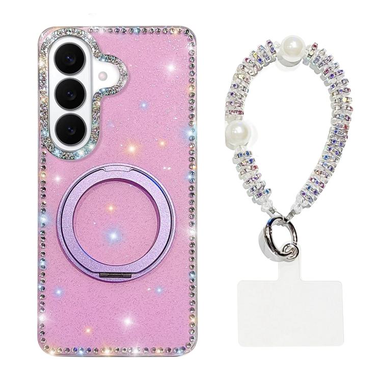 For Samsung Galaxy S26 5G Diamond IMD 360 Rotation Magnetic Metal Holder Phone Case with Strap(Glitter Light Purple)