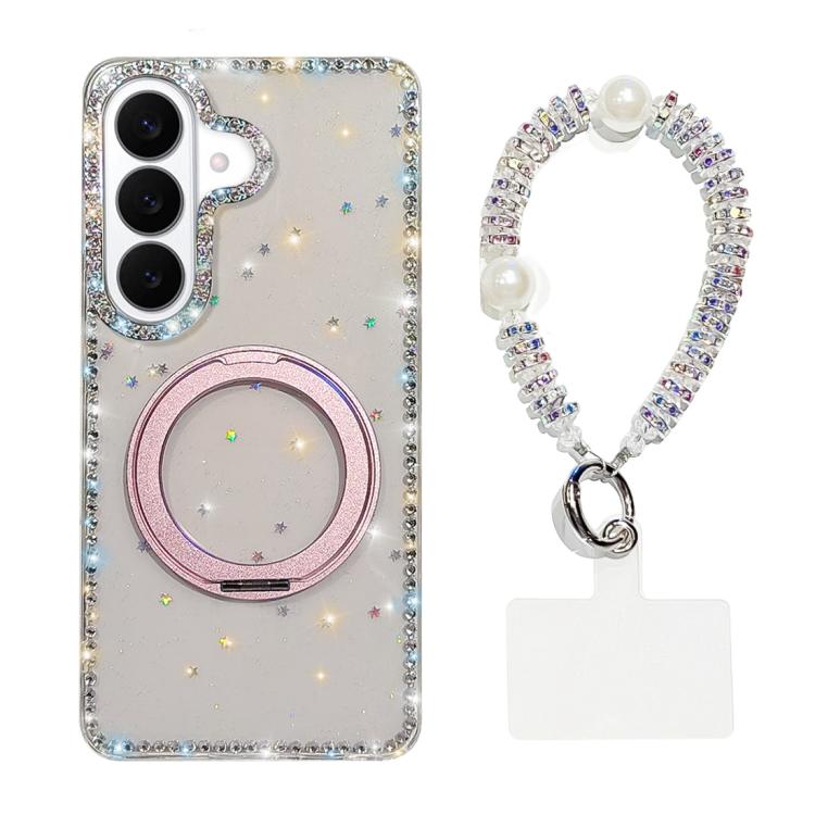 For Samsung Galaxy S26 5G Diamond IMD 360 Rotation Magnetic Metal Holder Phone Case with Strap(Glitter Stars)