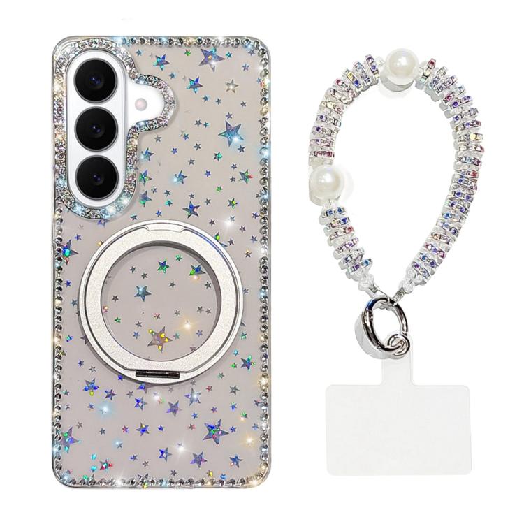 For Samsung Galaxy S26 5G Diamond IMD 360 Rotation Magnetic Metal Holder Phone Case with Strap(Stars Transparent)