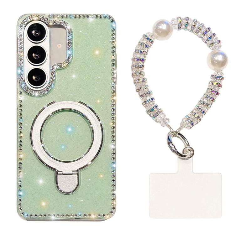 For Samsung Galaxy S26 5G Double-Sided IMD Rhinestone Magnetic Holder Shockproof Phone Case With Bracelet(Glitter Green)